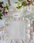 truffles and ruffles networking lunch in collaboration with fabric snug, beautiful ian mankin green ticking stripy placemat with ruffle